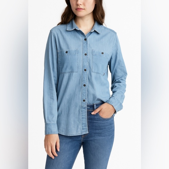 Mountain hardware denim chambray button down shirt Large side pockets hiking - Picture 1 of 9